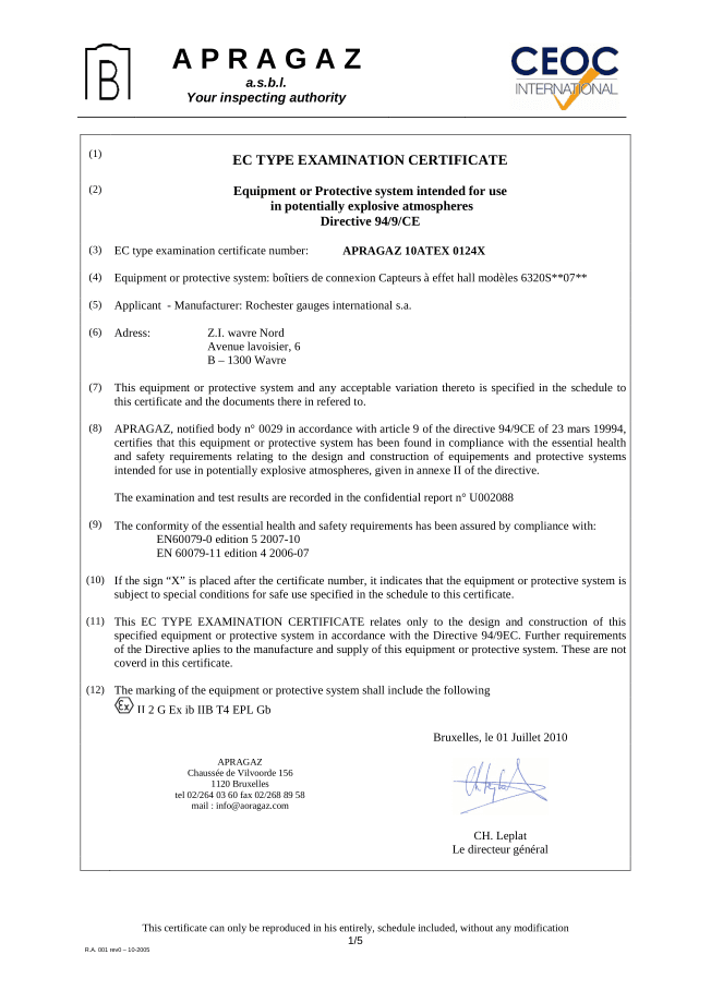 CE 0029 APRAGAZ 10 ATEX 0124X -1