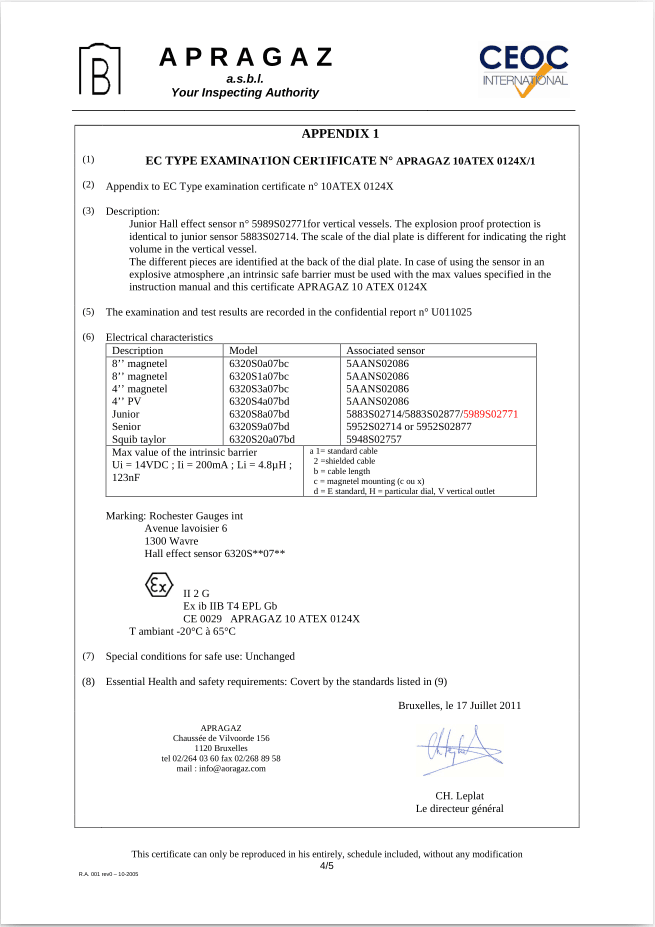 CE 0029 APRAGAZ 10 ATEX 0124X -4