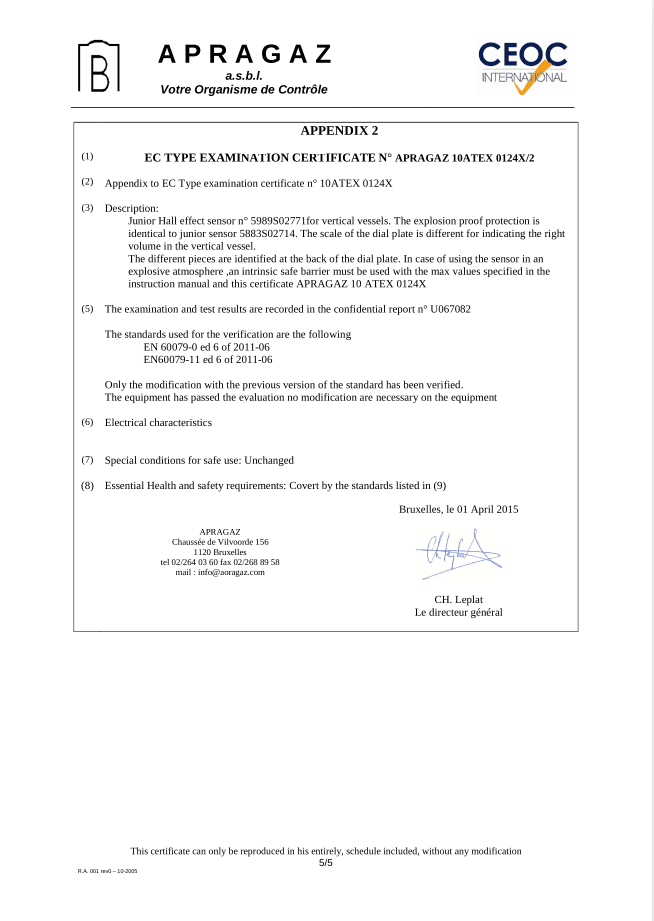 CE 0029 APRAGAZ 10 ATEX 0124X -5